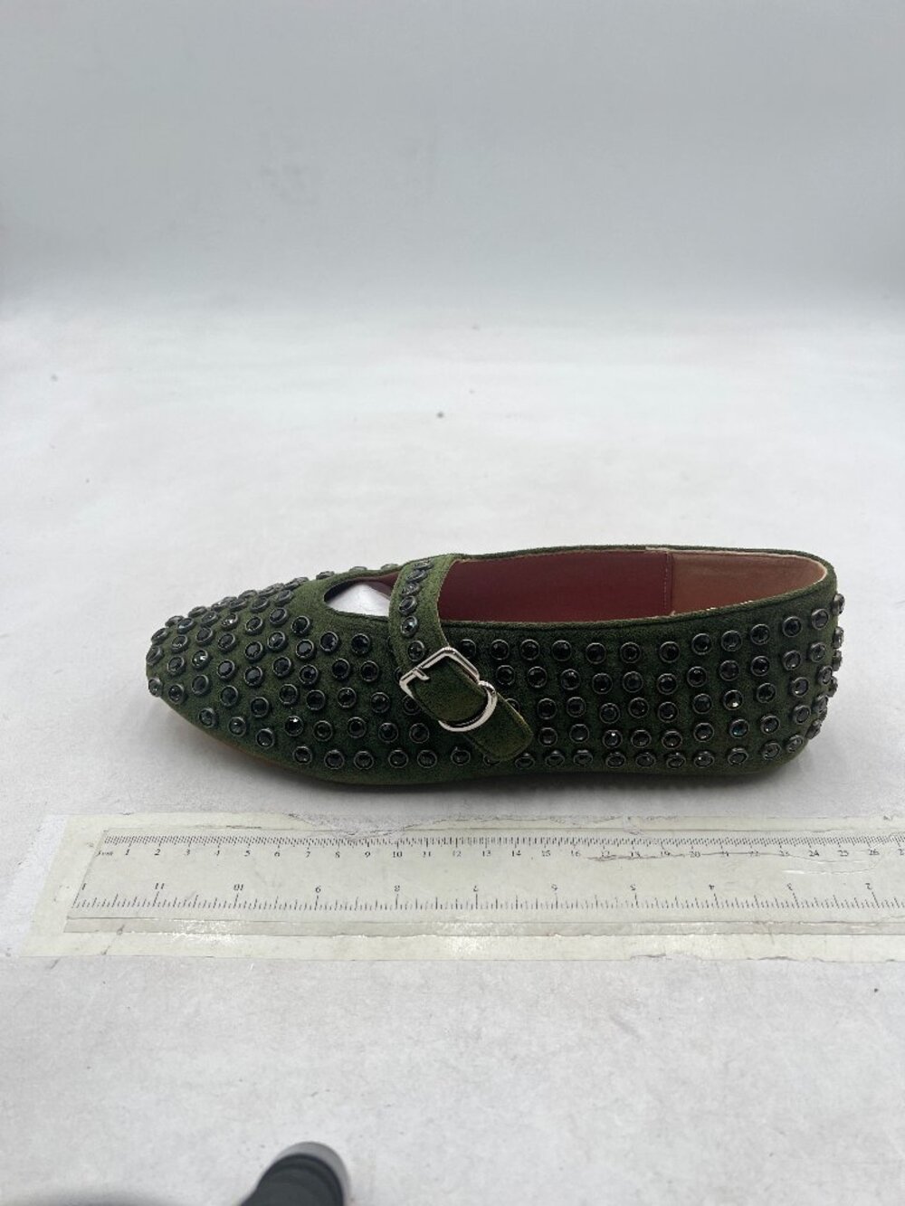 XYD Olive Rhinestone Ballet Flats Ballerina Shoes Buckle Strap Mary Jane Flats